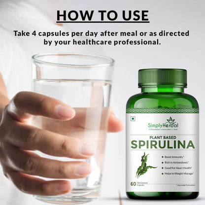 Simply Herbal Spirulina Capsules for Immunity | Natural Super Food and Nutritional Supplement | Green Food for Good Health Weight Management and Immunity Booster – 60 Capsules