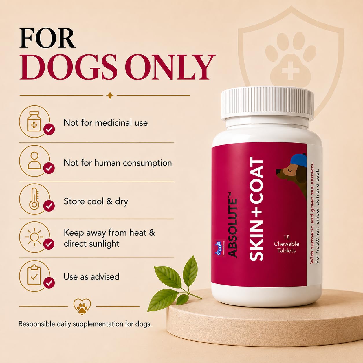 Drools Absolute Dog Supplement Tablet, Skin + Coat 400g 110 Pieces Jar | Turmeric Flavour | Supports Skin & Food Sensitivity | Nutrients Rich Botanical