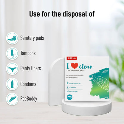 Sringa I Love Clean sanitary disposal bags packaging with usage information on a white background