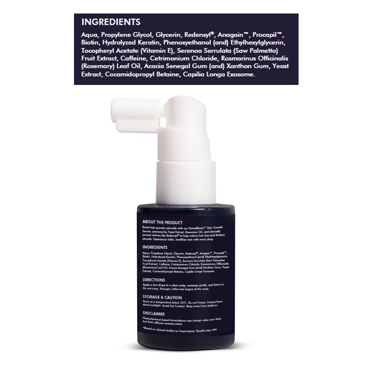 Skincare bottle with ingredients list on a white background