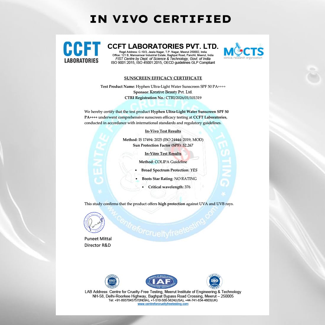 Certification document from CCFT Laboratories and MOCTS on a white background