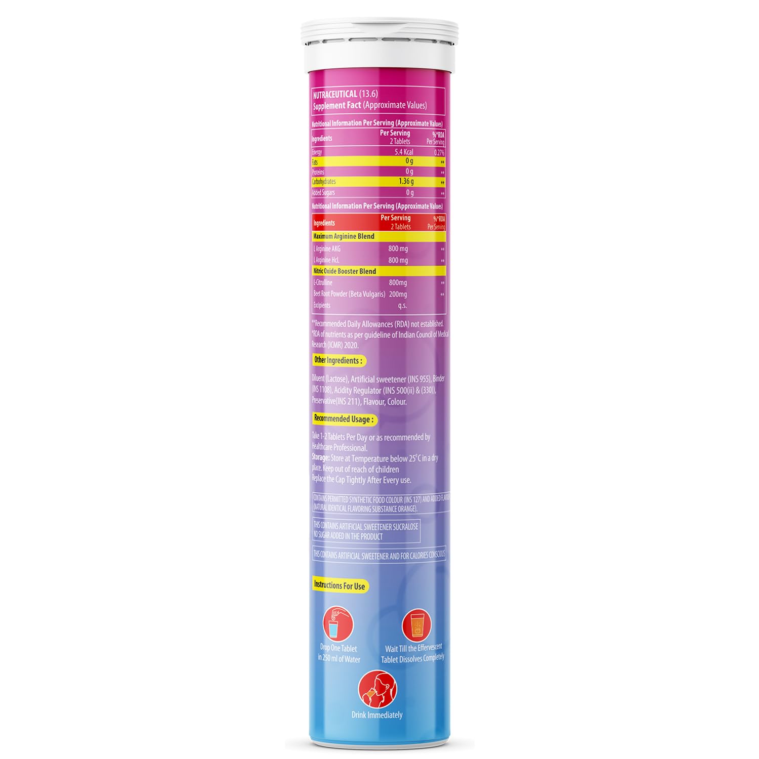 Supplement tube with pink and blue design on a white background