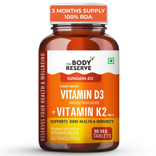 Vitamin D3 and K2 supplement bottle with 'The Body Reserve' branding on a white background