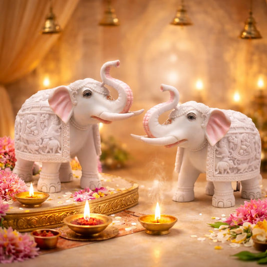 THE SACRED GIFTS Elephant Idol Statue for Good Luck | White Elephant Office vastu, Home, Puja Place, Gifts, Decorative, Animal, Living Room, Bedroom, Table, Wall Selves Showpiece, Set of 2, White