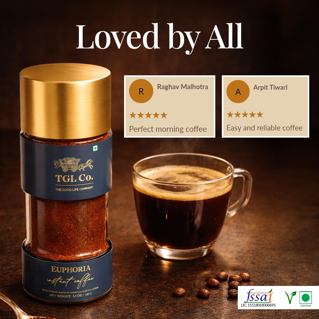 TGL Euphoria Instant Strong Coffee (100 gm) | Premium Blend of Classic Arabica & Robusta Coffee Beans | Hot & Cold Coffee | Rich & Smooth taste | Espresso, Latte & Cappuccino