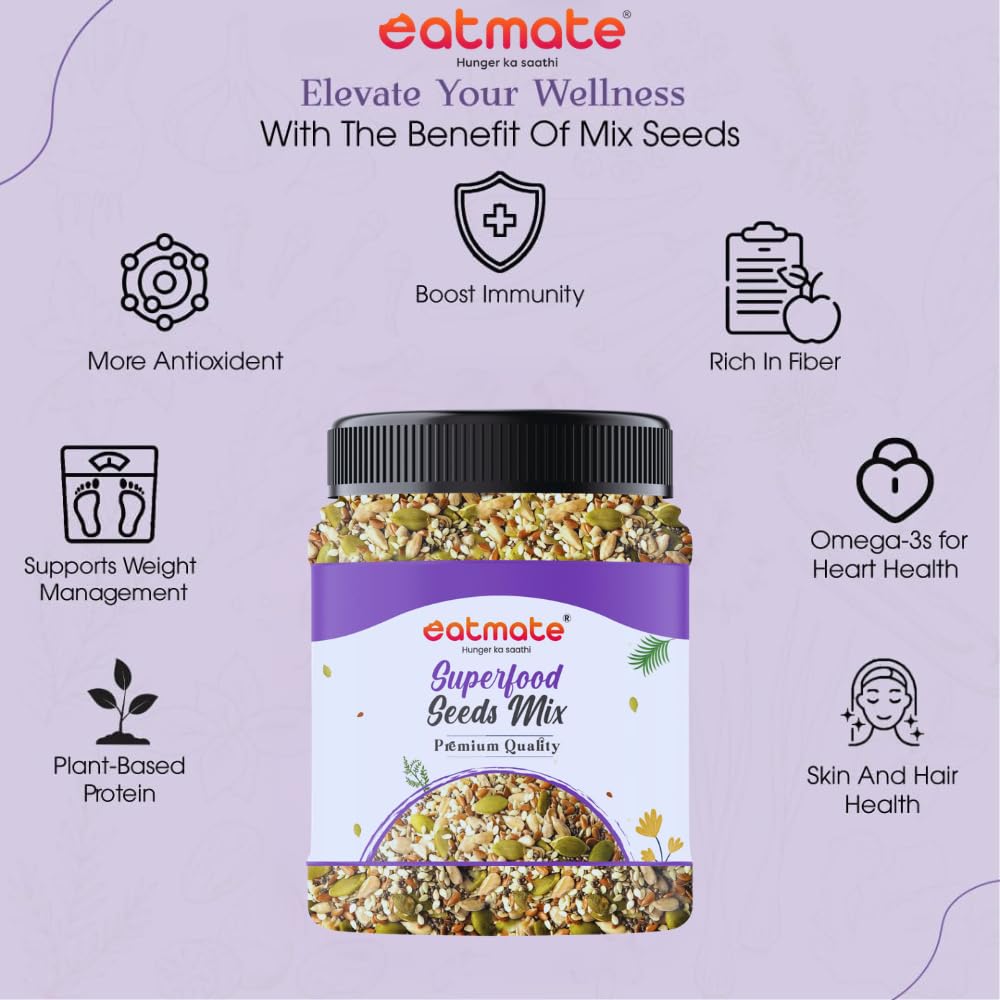 Eatmate Superfood Premium Seed Mix | Protein-Rich Healthy Snack | Pumpkin, Sunflower, Flax, Chia, Sesame & Watermelon Seeds | Fiber-Rich Ready to Eat