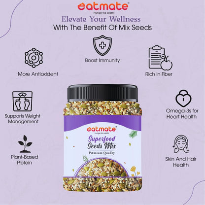 Eatmate Superfood Premium Seed Mix | Protein-Rich Healthy Snack | Pumpkin, Sunflower, Flax, Chia, Sesame & Watermelon Seeds | Fiber-Rich Ready to Eat