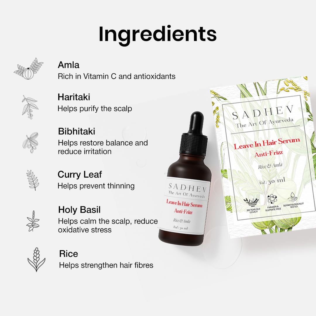 SADHEV Ayurvedic Anti-Frizz Leave-In Hair Serum | Frizz-Free, Smooth & Manageable Hair | Powered by Rice & Amla with Haritaki, Curry Leaf & Tulsi | For Dry & Frizzy Hair | Lightweight, Non-Sticky | For Men & Women | 30ml