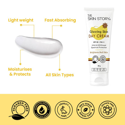 The Skin Story Glowing Skin Day Cream with SPF 30 Sunscreen | Nourish, Brighten, and Protect Dull Skin | Lightweight, Non-Greasy Formula for Daily Radiance | UVA/UVB Protection for Healthy | 40g