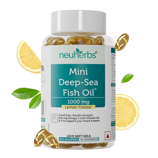 Neuherbs Mini Deep Sea Omega 3 Fish Oil Capsules 1000mg Supplement | EPA - 360mg, DHA - 240mg | With Vitamin E & D3 | Suppots Heart, Brain, Muscle & Joint Health| Lemon Flavour - 120 Softgels