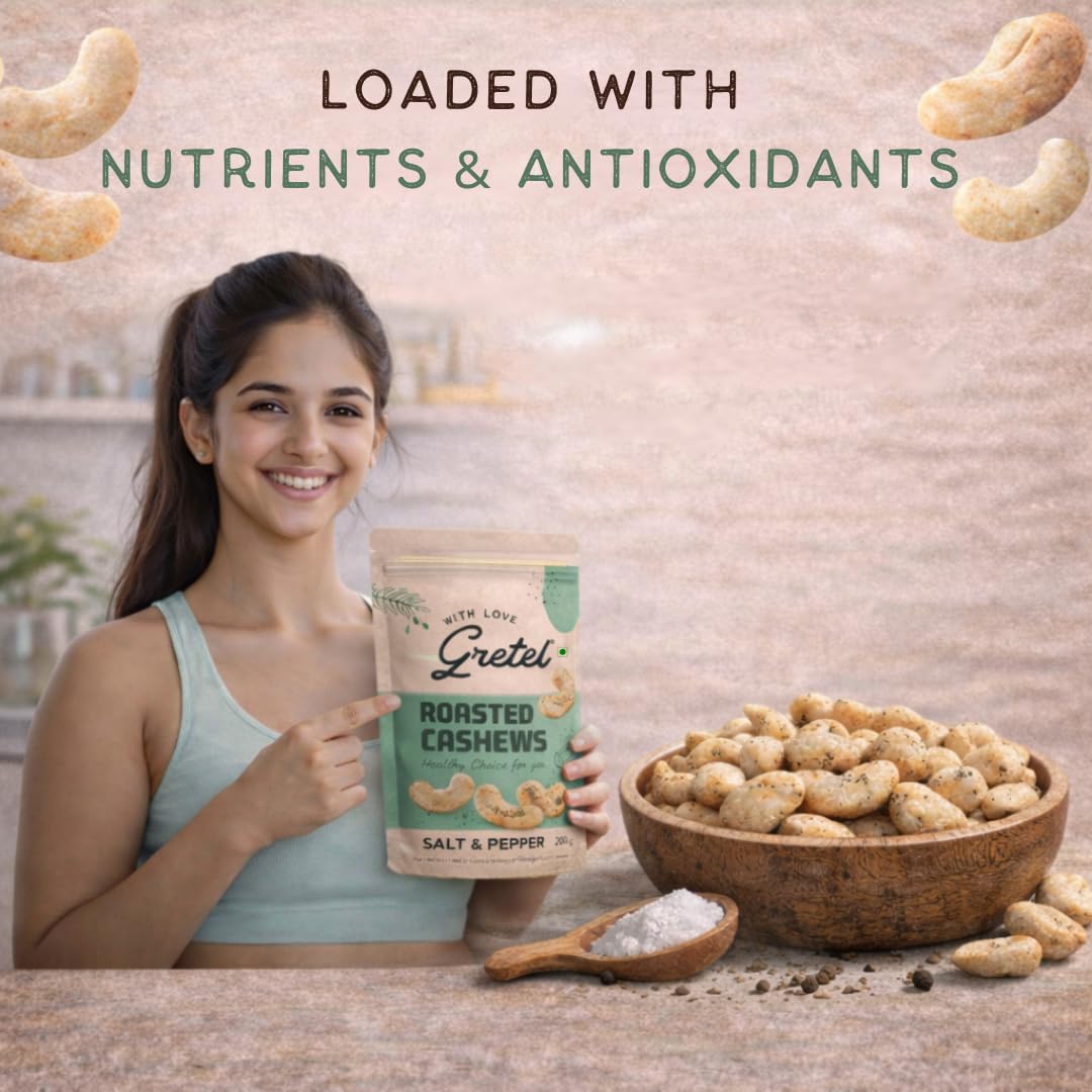 Gretel Salt & Pepper Roasted Cashews 200 gm | Crunchy Kaju Nuts | Rich in Protein & Antioxidants | Zero Cholesterol Dry Fruits | Vegetarian Healthy Snack | Brand of Singapore |