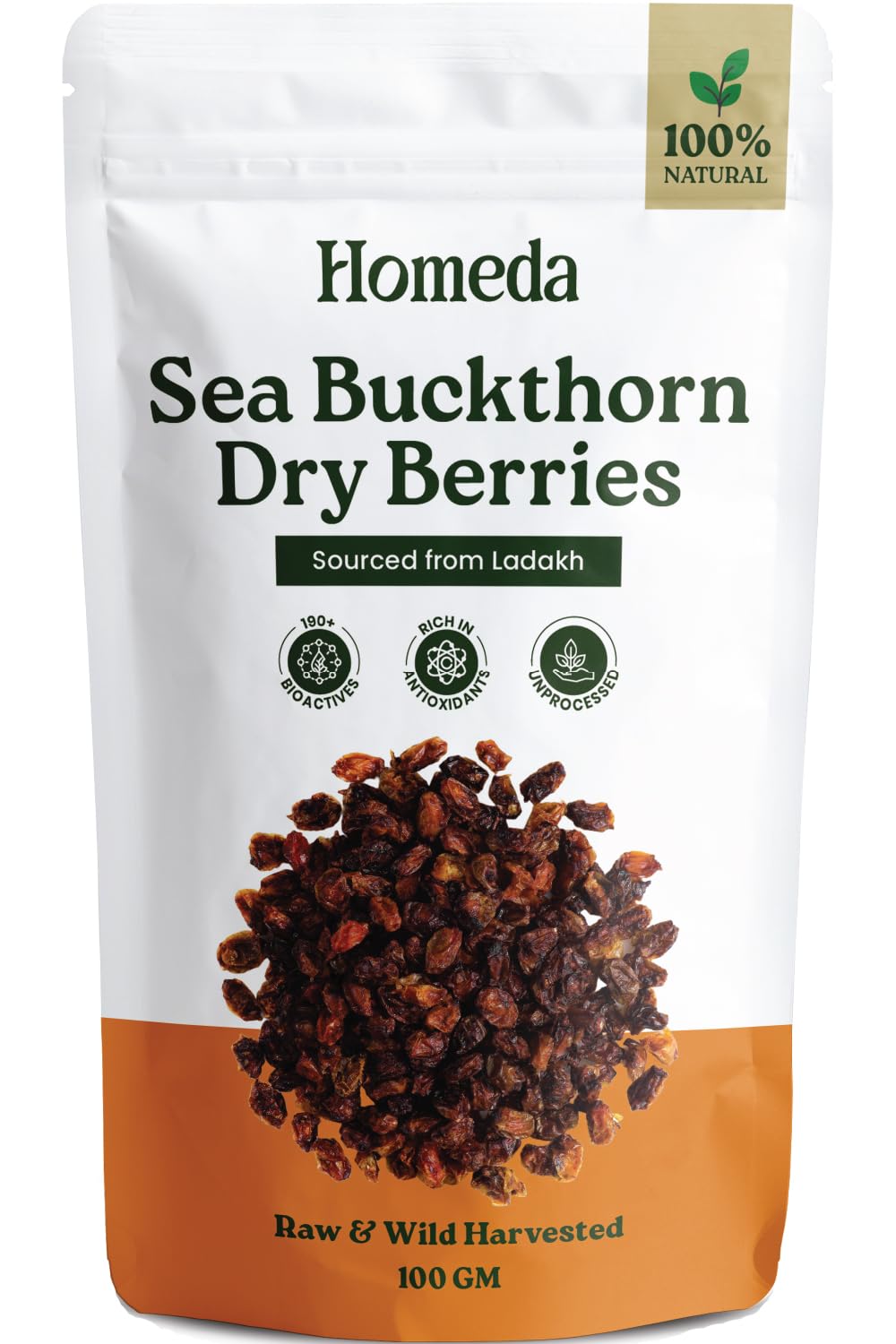 Homeda Sea Buckthorn Berry Dry (100g) Organic Seabuckthorn Berries Original Dried - With Vitamins, Antioxidants, Omega 3 6 7 & 9 | Himalyan See Buck Thorn Plant | Pure Leh Seabuck Berry