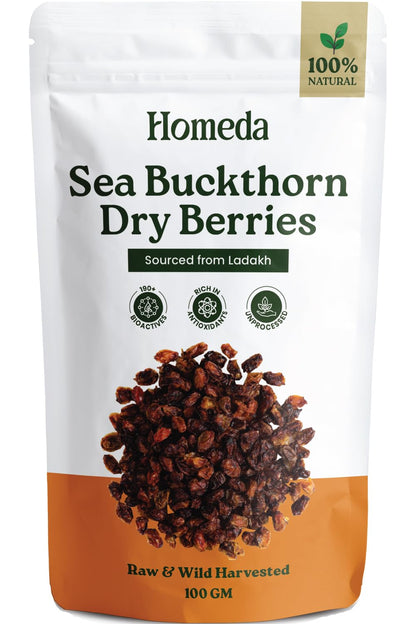 Homeda Sea Buckthorn Berry Dry (100g) Organic Seabuckthorn Berries Original Dried - With Vitamins, Antioxidants, Omega 3 6 7 & 9 | Himalyan See Buck Thorn Plant | Pure Leh Seabuck Berry