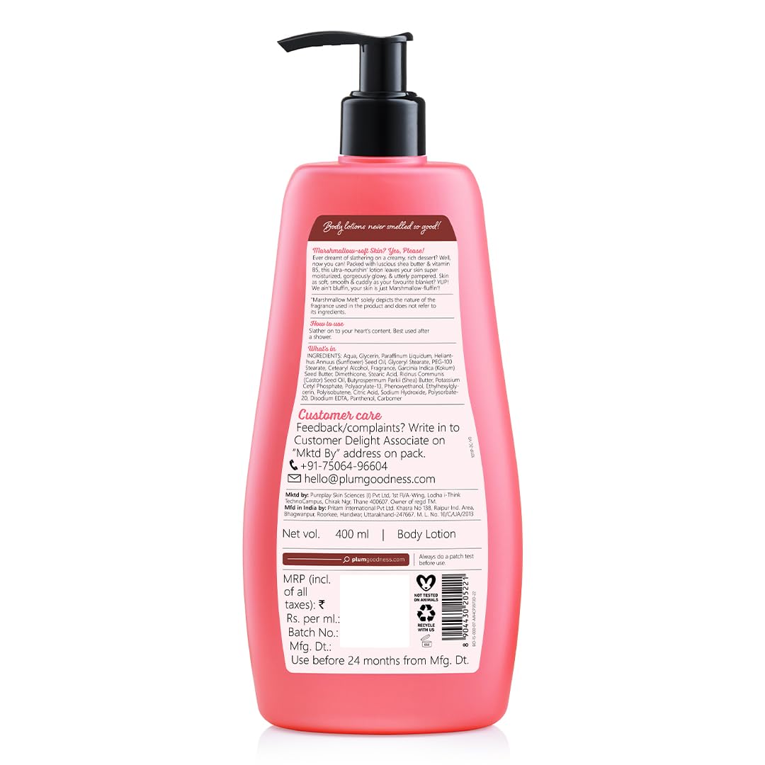 Plum BodyLovin' Marshmallow Melt Body Lotion, Shea Butter & Vitamin B5 For Deep Moisturization, Non-Greasy, Soft & Glowing Skin, For Dry to Very Dry Skin, Cozy Cocoa Marshmallow Fragrance (400 ml)