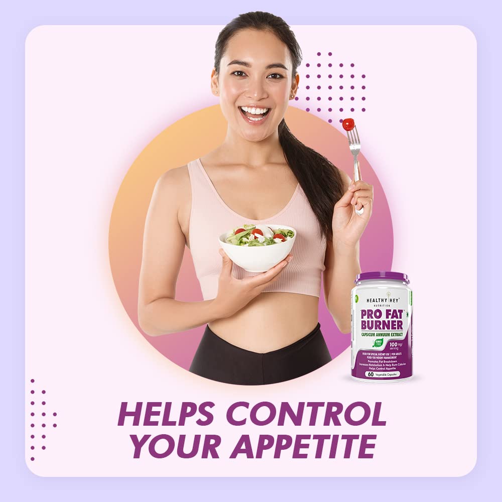 Woman holding a salad and a supplement bottle with text on a light purple background