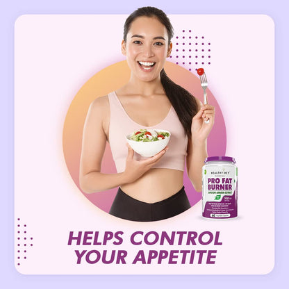 Woman holding a salad and a supplement bottle with text on a light purple background