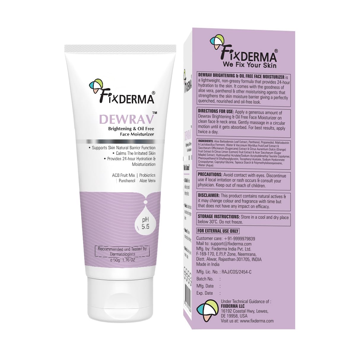 Fixderma Dewrav Brightening & Oil-Free Face Moisturizer with Panthenol & ACB Fruit Mix | 24-Hour Hydration | Dermatologist Recommended for Women & Men - 50g