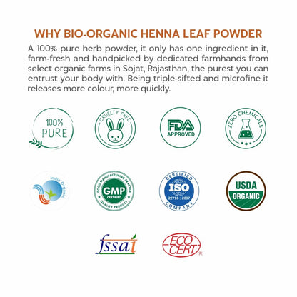 Promotional image of bio-organic henna leaf powder with certification logos on a white background.