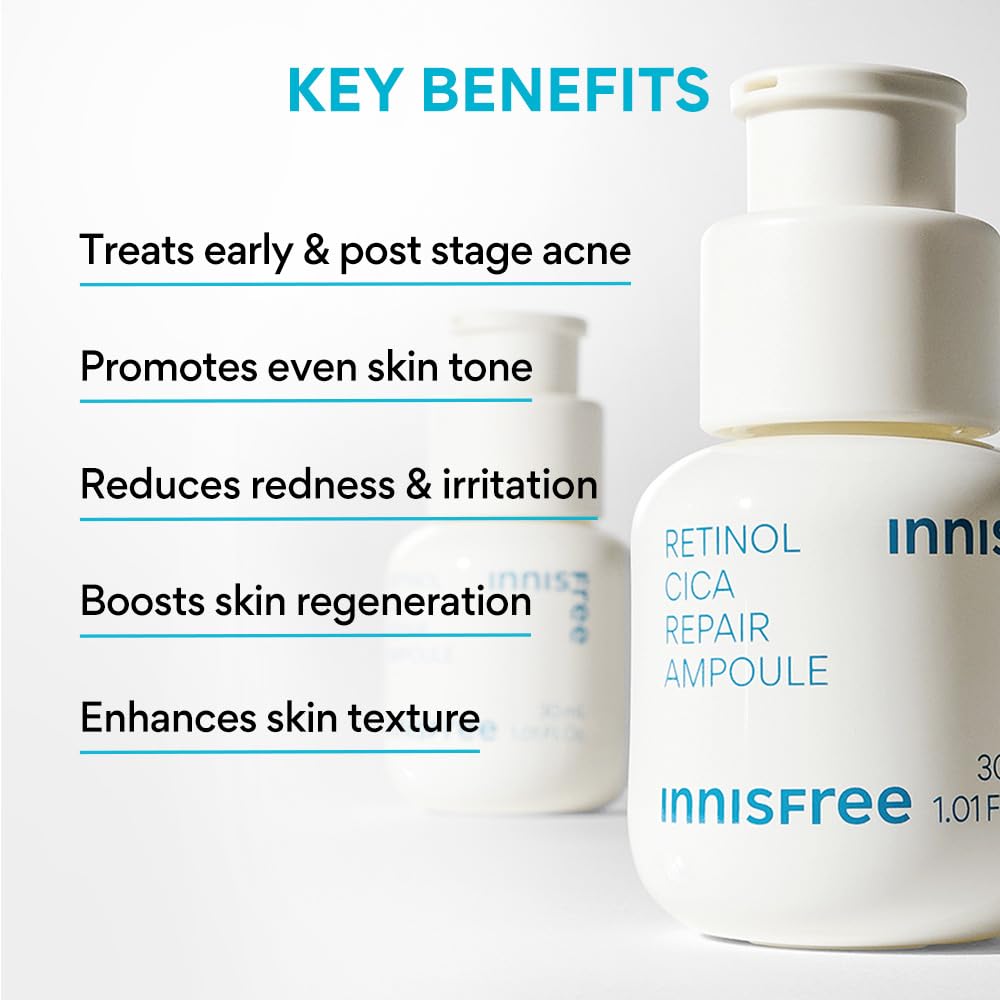 Innisfree Retinol Cica Repair Ampoule 30ml with Hyaluronic Acid, Korean Face Serum for Reducing Skin Blemishe, Improving Skin texture, Nourishing & Revitalizing, Hydrating, Soothing, & Strengthening