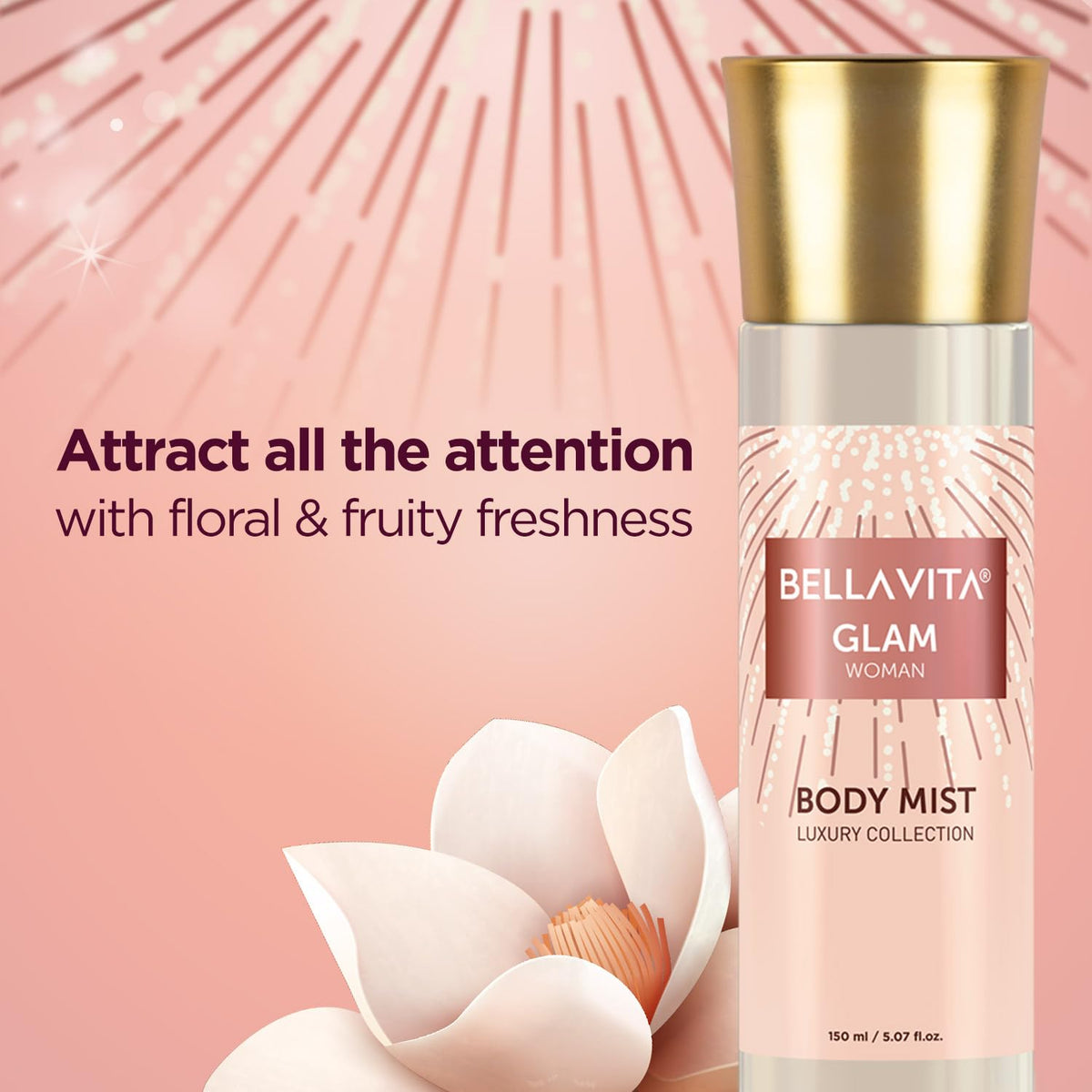 Bellavita Glam Body Mist bottle with floral elements on a pink background