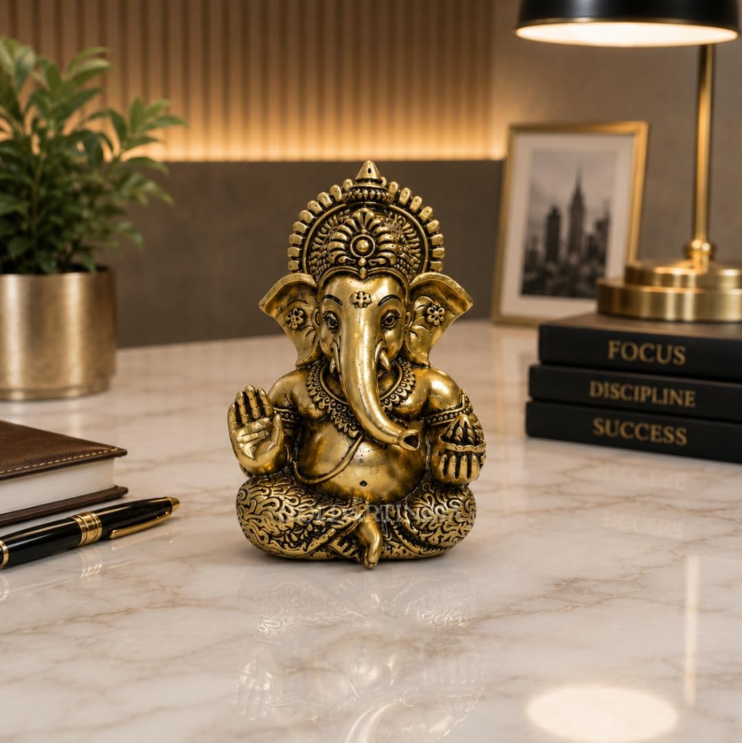 Gold Art India Lord Ganesha 24K Gold Plated Idol | Antique Matte Finish | Premium Peacock Green Velvet Gift Box | Ganesh Murti for Home Temple, Office Desk & Car Dashboard | Luxury Spiritual Gift