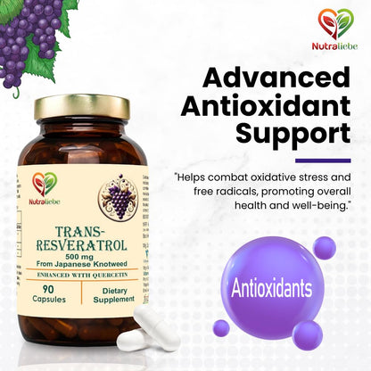 Nutraliebe Trans-Resveratrol 500mg with Quercetin & Black Pepper - Advanced Antioxidant Support from Japanese Knotweed, 90 Capsules