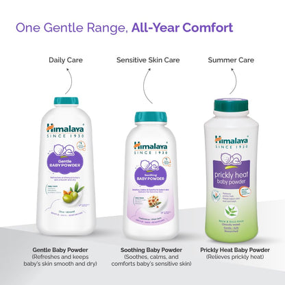 Three bottles of Himalaya baby powder with labels for daily care, sensitive skin care, and summer care on a white background.