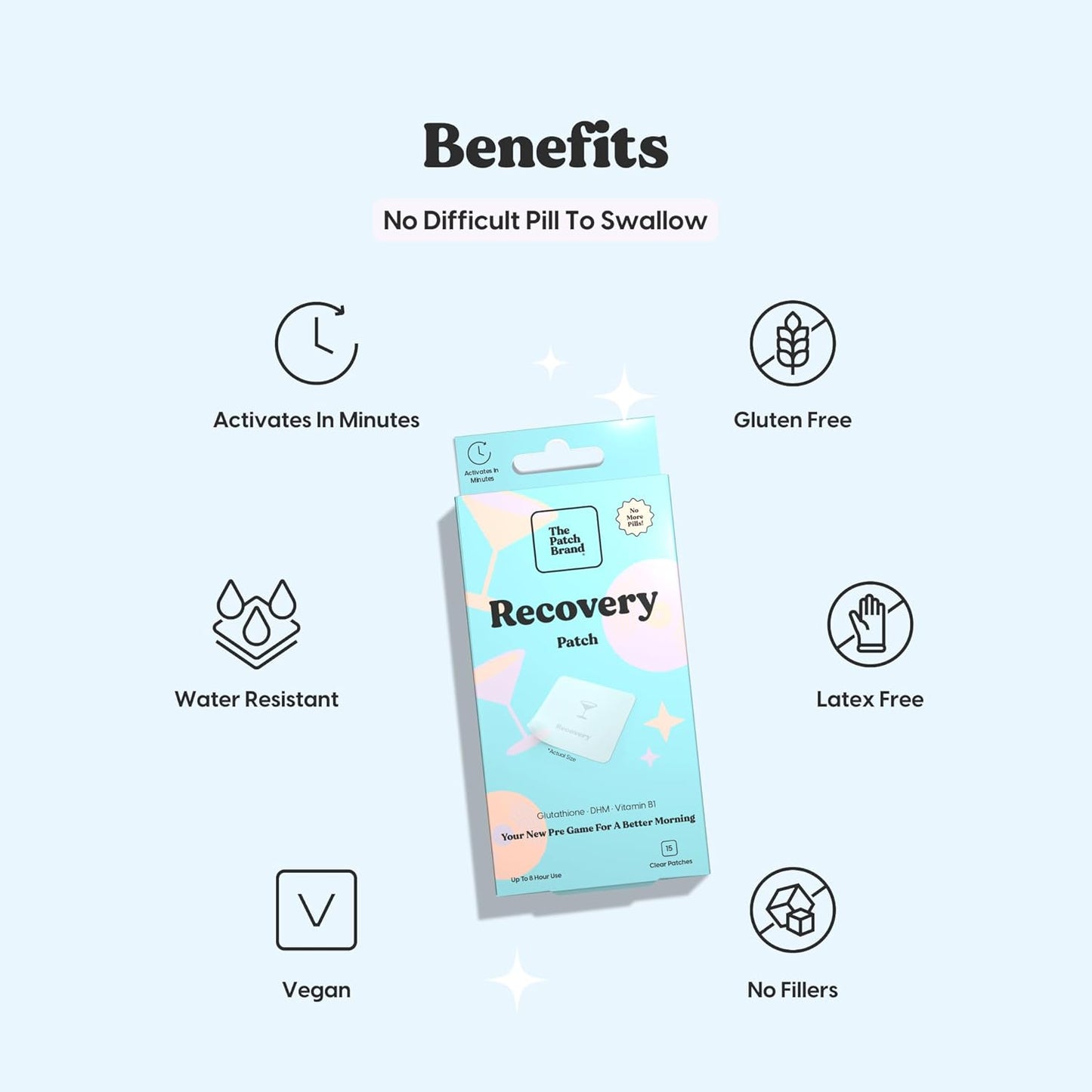 The Patch Brand Recovery Patches | Supports Morning After with Vitamin B1, DHM, Glutathione | Party & Travel Must Haves | Long Lasting Water Resistant Patches (Pack of 1)