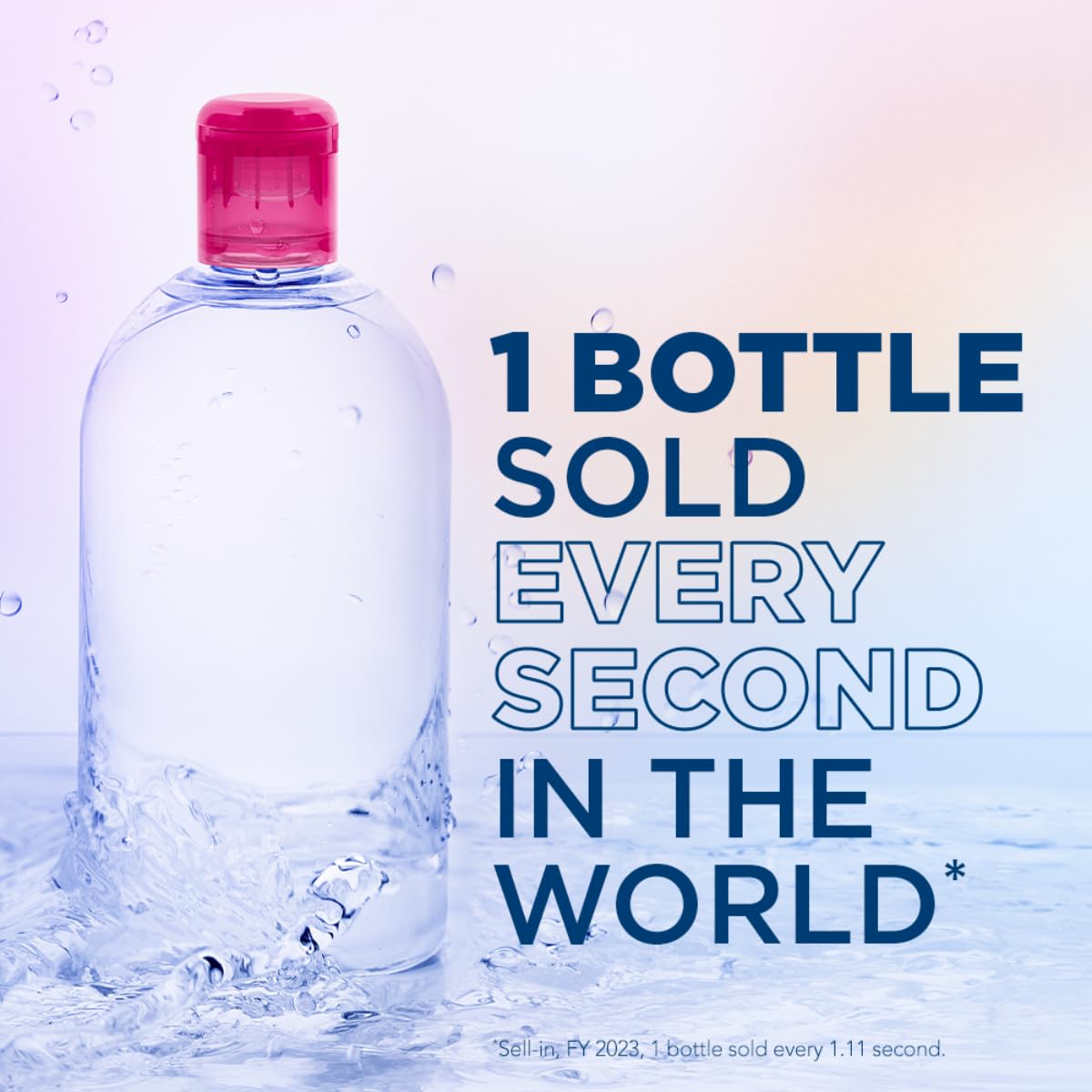 Clear bottle with pink cap on a light blue background with text about bottle sales.