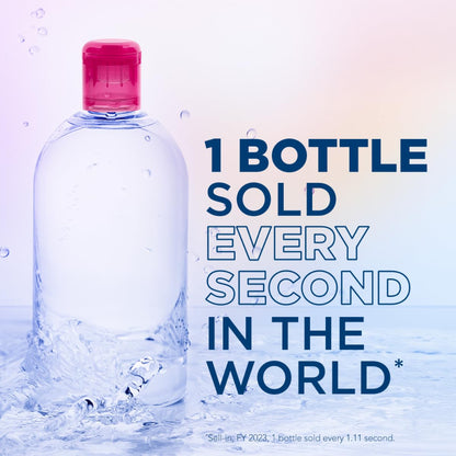 Clear bottle with pink cap on a light blue background with text about bottle sales.