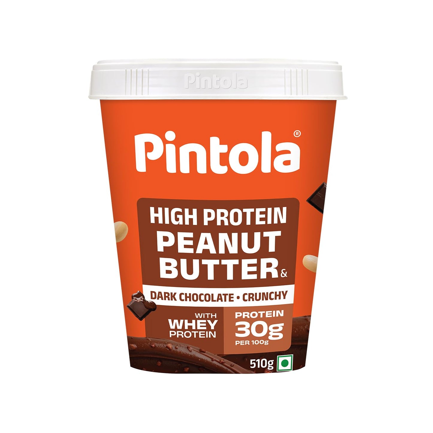 PINTOLA High Protein Peanut Butter Chocolate Flavour Crunchy, Added WHEY Protein, 30g Protein 6.2g Fiber, Gluten Free, Zero Trans Fat, Dark Chocolate Peanut Butter Spread, Nut Butter Bread Snacks