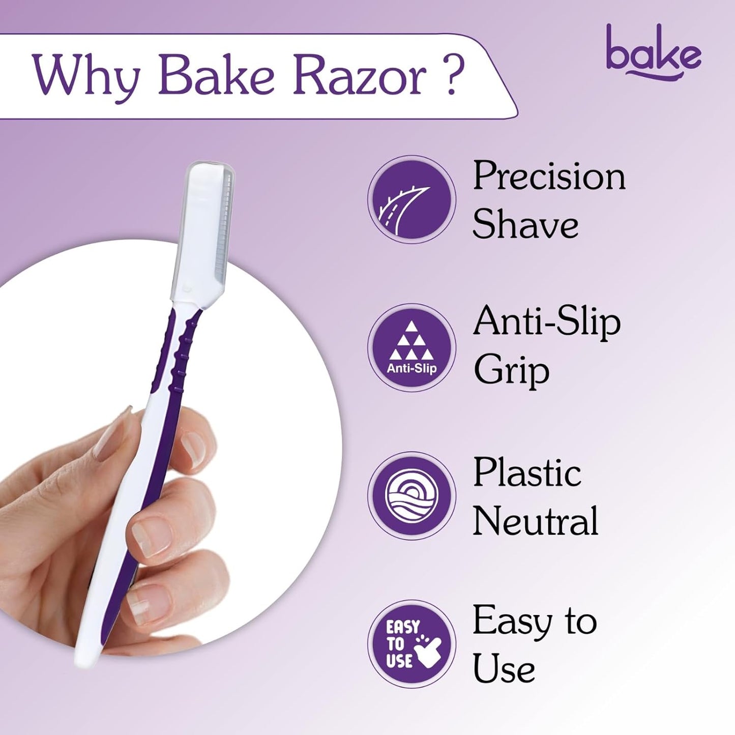 BAKE Reusable Face Razor for Women Facial Hair (3 Razors) | Instant Glow & Painless Hair Remover | For Eyebrows, Upper Lip, Chin, Peach Fuzz, Forehead, Unibrow, Sideburns | Precision Shave, Anti Slip Grip, Plastic Neutral