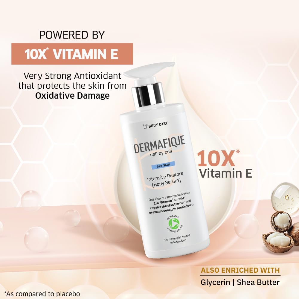 Dermaifique body serum with 10x Vitamin E on a light background