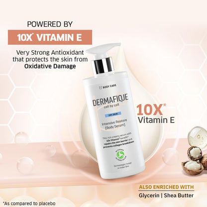 Dermaifique body serum with 10x Vitamin E on a light background