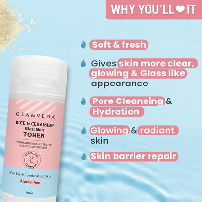 Glamveda Korean Rice & Ceramide Face Toner | Rice Water Toner For Dry & Combination Skin | Pore Tightening & Glowing Skin | Fades Blemishes, Brightens & Smoothens | Women & Men | 100ml