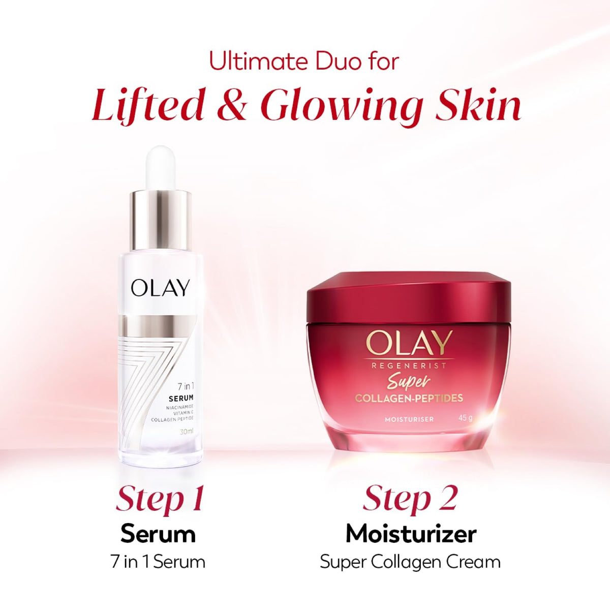 Olay serum and moisturizer with text on a pink background