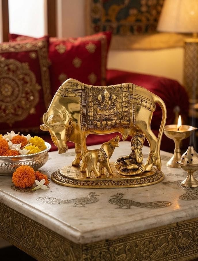 Polyresin Hand Painted Kamdhenu Cow with Calf God Figure Showpiece Decor (Golden, Small Size), 20L x 20W x 29H Centimeters