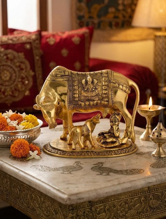 Polyresin Hand Painted Kamdhenu Cow with Calf God Figure Showpiece Decor (Golden, Small Size), 20L x 20W x 29H Centimeters