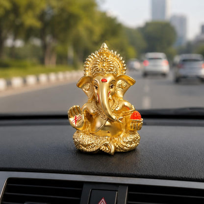 Gold Art India Gold Plated Satin Ganesha/Vinayaka/Vinayagar/Pillayar Idol - Versatile Car Dashboard and Home/Office Decor (MUKUTSATINGOLD 3.5")