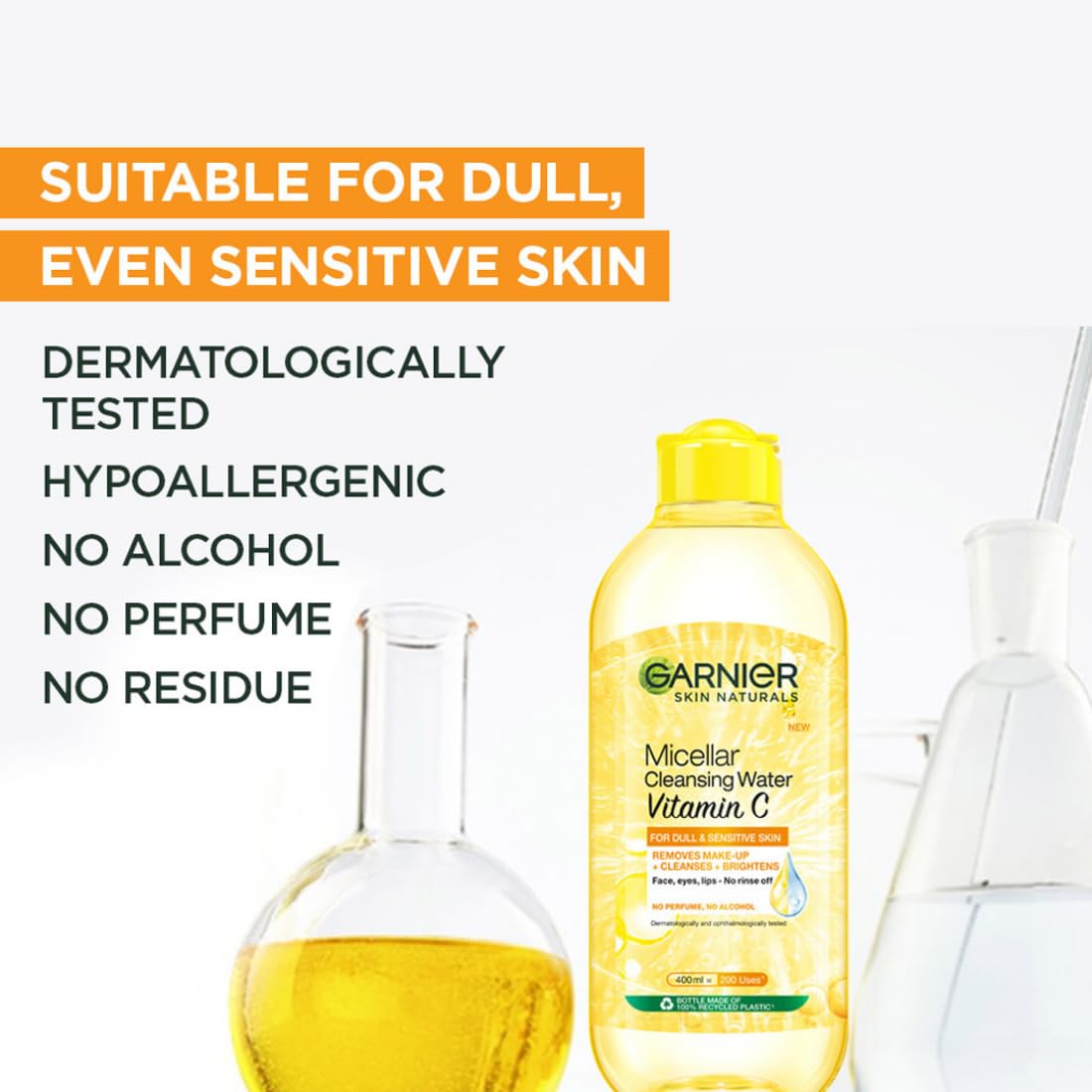 Garnier micellar water bottle with product features on a white background