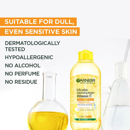 Garnier micellar water bottle with product features on a white background