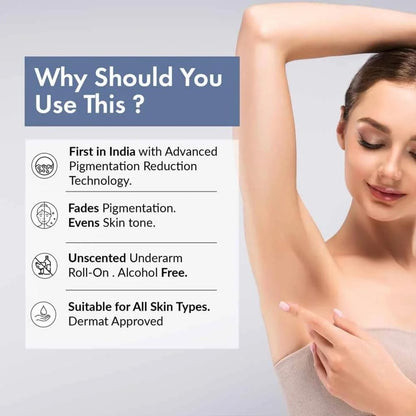 Woman pointing to her underarm with product features listed on a gray background