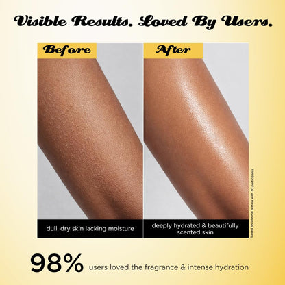 Before and after comparison of skin hydration with text about product benefits.