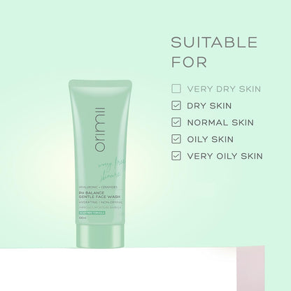 Orimii pH Balance Hydrating Gentle Face Wash For Dry & Oily Skin |Enriched with Ceramides, Vitamin E & Hyaluronic Acid |Soap Free, Non Comedogenic Cleanser 100ml