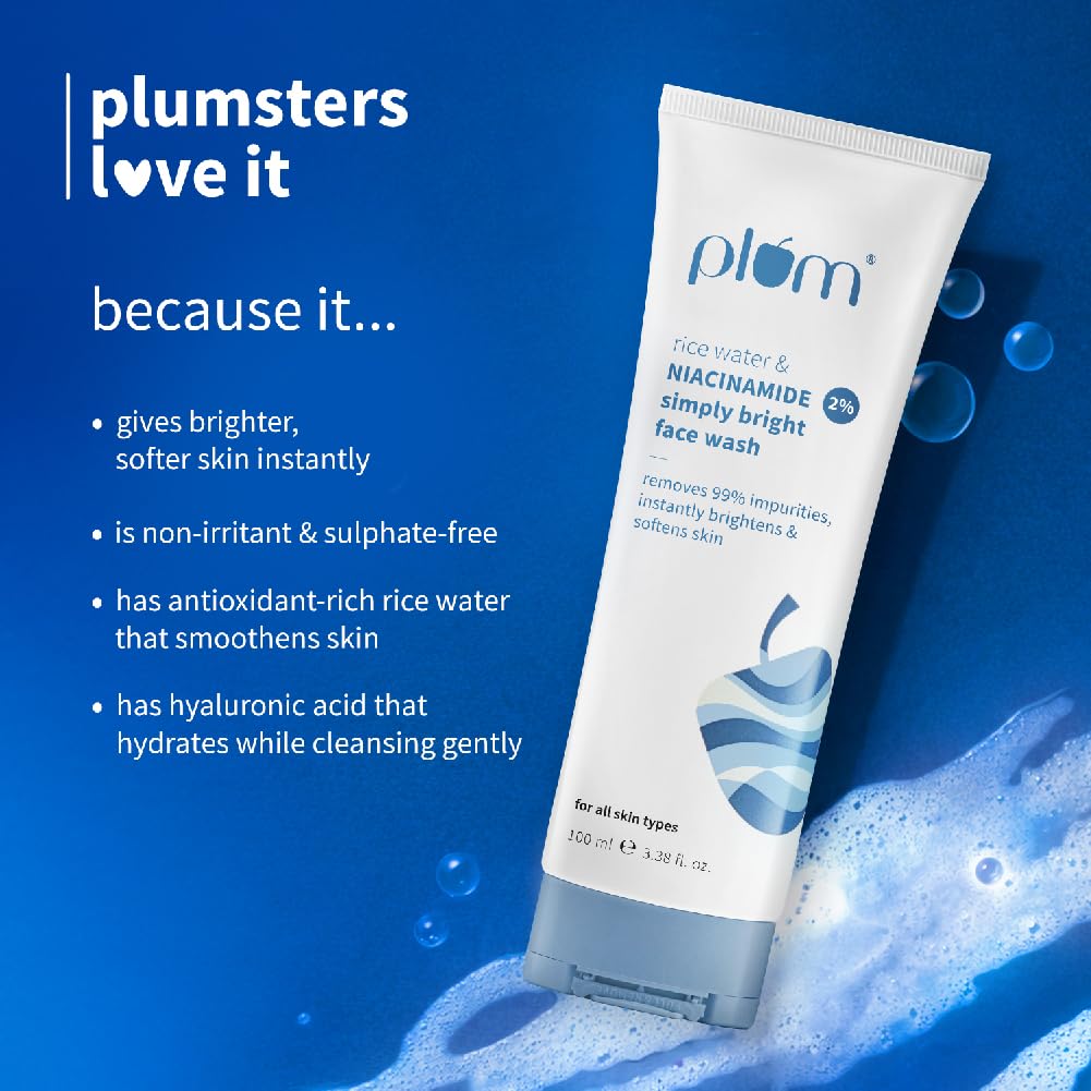 Plum 2% Niacinamide & Rice Water Face Wash 100ml | Hydrates & Brightens Skin | Softens & Smoothens Skin | Gentle & Non-Drying | Gently Cleanses 99% pore clogging impurities | Women & Men |