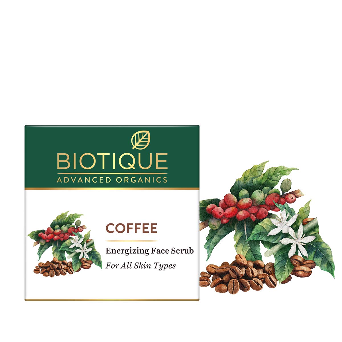 Biotique Coffee Energizing Face Scrub packaging with coffee beans and leaves on a white background