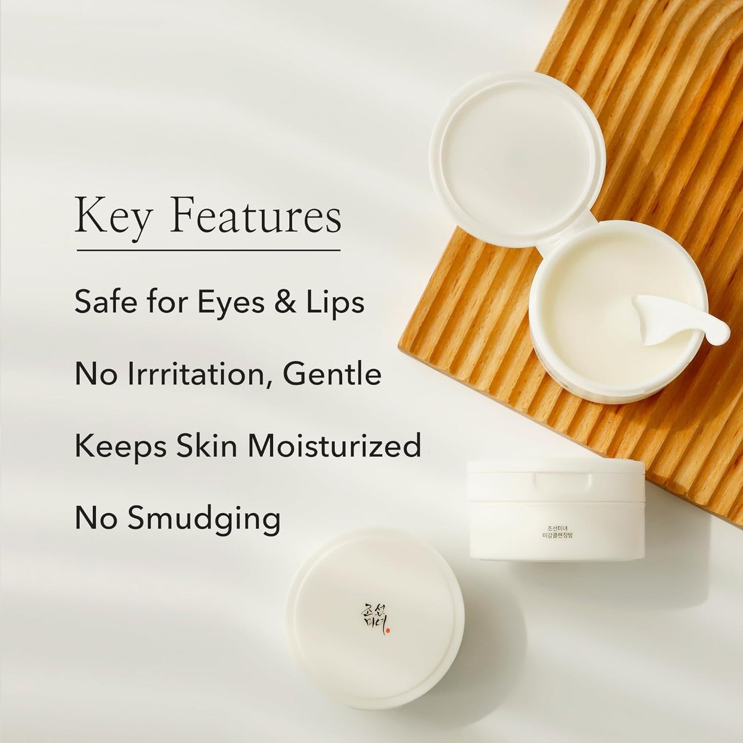 Cosmetic products with key features listed on a white background