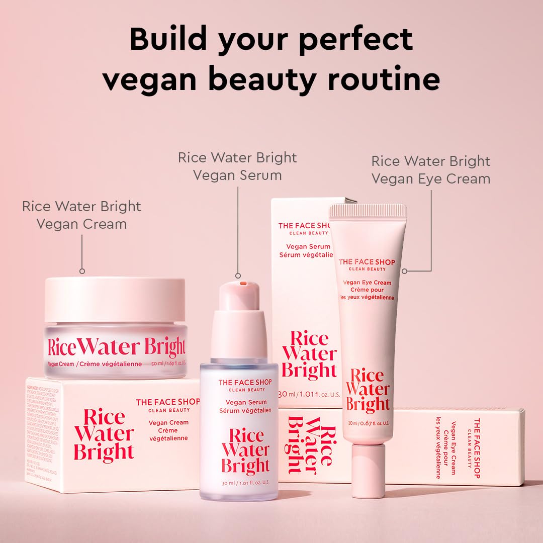 The Face Shop Rice Water Bright skincare products on a pink background with text.