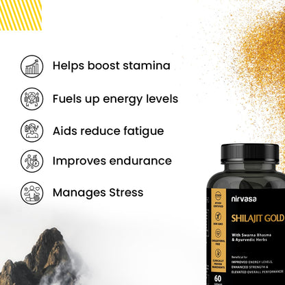 Nirvasa Shilajit Gold Capsules (60) | 100% Pure Himalayan Shilajeet with 24K Gold | Boosts Strength, Stamina, Energy & Performance | Vitality & Immunity | Gokshura, Akarkara & Safed Musli