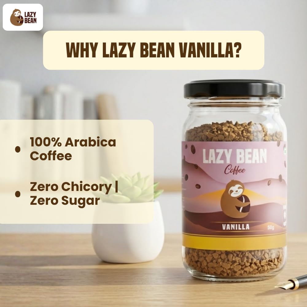 Lazy Bean Vanilla Flavoured - Premium Instant Coffee Powder 50 g | Strong Black Coffee, Rich Aroma, Quick-Dissolving Granules | Ready in Seconds for Hot or Iced Brews at Home, Office, Travel